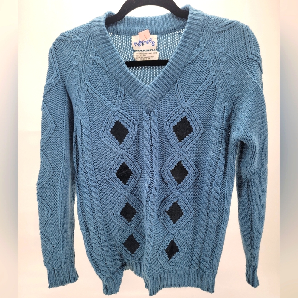Vintage Harpees Crochet Handmade Suede Leather Retro 70s Sweater V Neck Blue M